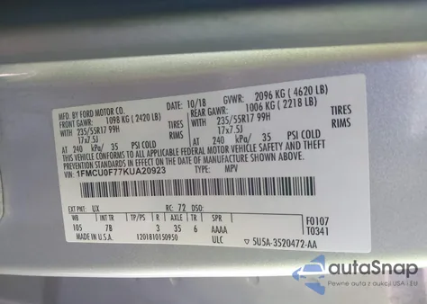 2019 Ford Escape S z USA, uszkodzony, nr VIN 1FMCU0F77KUA20923